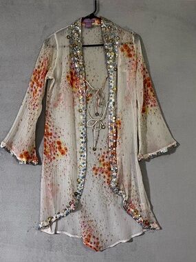 Vermani Calezioni Sheer Floral Sequin-Trim Kimono Cardigan Womens Small